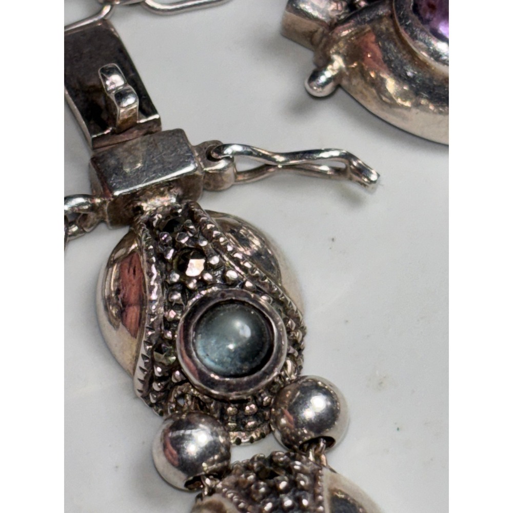 Vintage Sterling Silver Multi Gemstone Marcasite Ornate Link Bracelet 925 - Picture 5 of 13